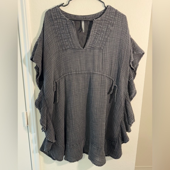 Anthropologie Black Distressed Ruffle Cinch Tunic Mini Dress Womens Size Small M - Picture 1 of 10